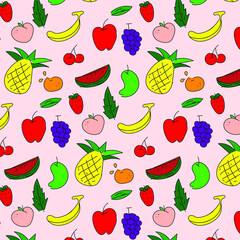 Colorful fruits doodle style seamless pattern. Outline on soft pink background. Cute background for textile print, wrapping paper. Drawing of fruits.