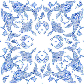Bandana design blue nautical print on white background, scarf, kerchief ornament, tee shirt decoration. Watercolor painted Paisley pattern, ornate cute fishes, fantasy sea animals