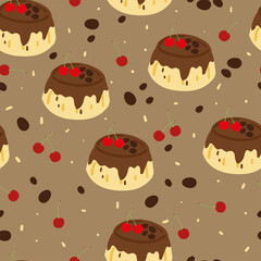 Cute seamless pattern with cartoon sweets and dessert for fabric print, textile, gift wrapping paper. colorful vector for kids, flat style