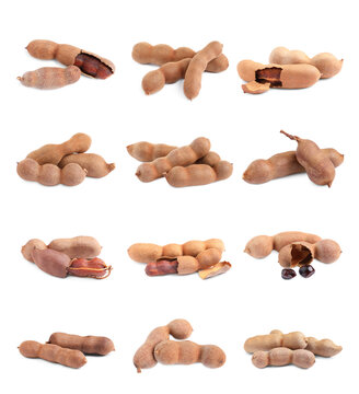 Set with delicious ripe tamarinds on white background. Exotic fruit