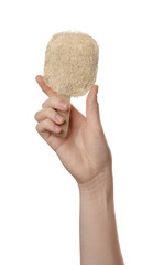 Woman holding natural loofah on white background, closeup. Conscious consumption