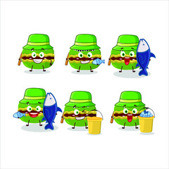 A fisherman kiwi macaron cartoon picture catch a big fish. Vector illustration