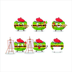 Artistic Artist of kiwi macaron cartoon character painting with a brush. Vector illustration