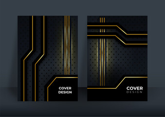 Modern black gold cover design set. Luxury creative line pattern in premium colors: black, gold and white. Formal vector for notebook cover, business poster, brochure template, magazine layout