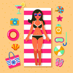 flat vector icons for vacation on beach with sunbathing girl