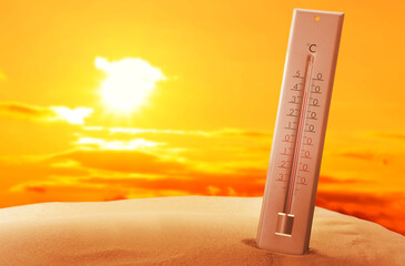 Weather thermometer with high temperature outdoors on hot sunny day. Heat stroke warning