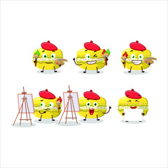 Artistic Artist of mango macaron cartoon character painting with a brush. Vector illustration