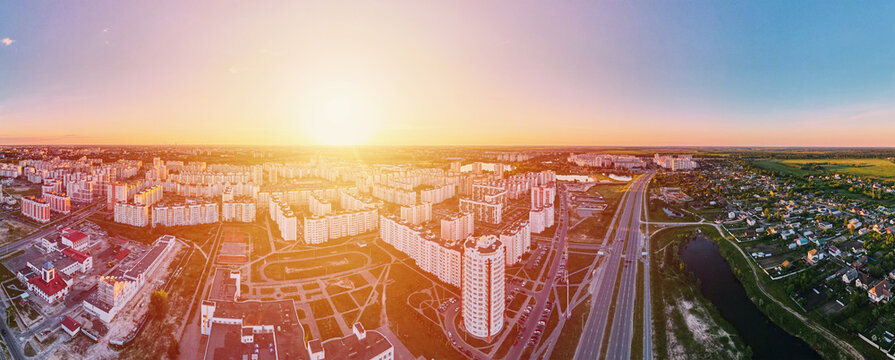 Cityscape of Gomel, Belarus. Aerial view of town architecture, panorama. City streets at sunset, bird eye view