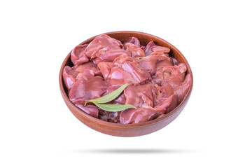 raw chicken or goose liver with bay leaf in a clay bowl close-up, isolated on a white background