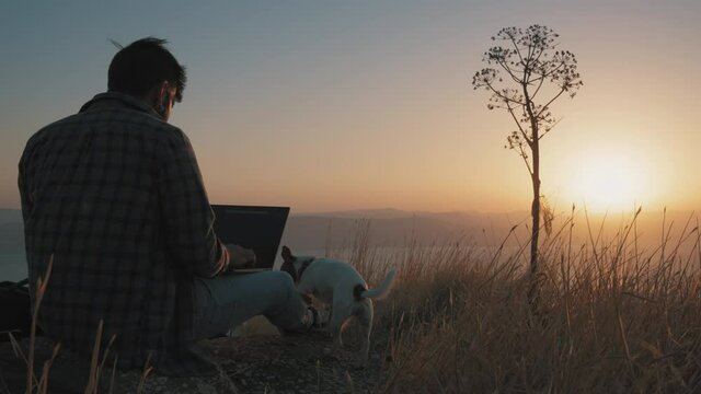 Back view of a man working on a laptop outdoors at sunset, while his dog running around. Slow motion. Remote working anywhere, digital nomad concept. 