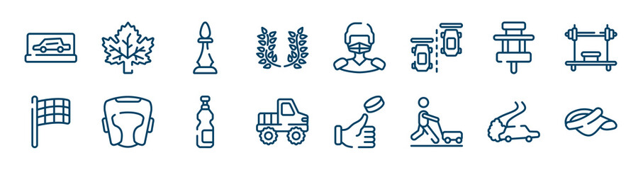 golf icons set such as mapple leaf, laurel wreath, paddock, black flagged, isotonic, drifting outline vector signs. symbol, logo illustration. linear style icons set. pixel perfect vector graphics.