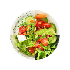 Plate with different healthy salads on white background