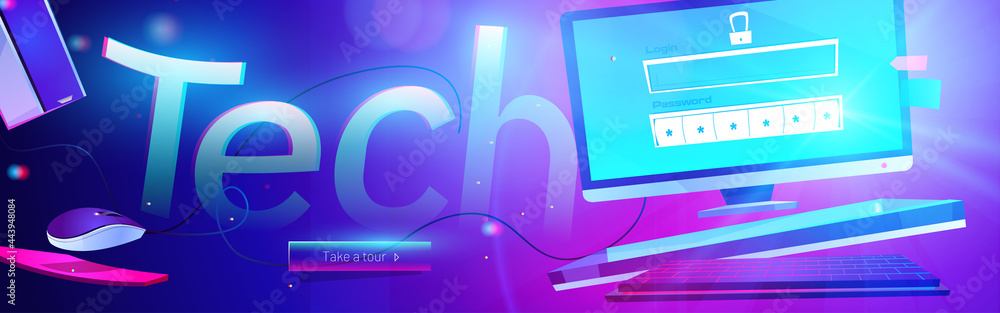 Poster tech banner. concept of modern technologies, digital communication, internet and network system. vec