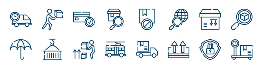 lineal logistic icons set such as delivering box, checking, side down, wet protect, lift up, security outline vector signs. symbol, logo illustration. linear style icons set. pixel perfect vector