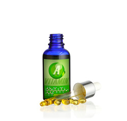 Bottle of vitamin A oil and pills on white background