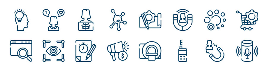 general icons set such as social media specialist, organism, loading, sem, quiz, user attraction outline vector signs. symbol, logo illustration. linear style icons set. pixel perfect vector