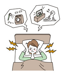 騒音に悩まされ寝られない女性