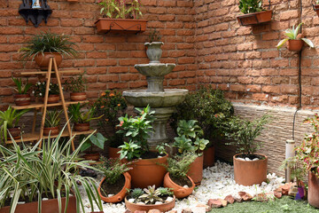 Fototapeta na wymiar Fountain in the garden surrounded by plants and flowers in clay pots
