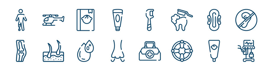 medical icons set such as chopper, facial foam, sanitary napkin, orthopedics, type 0, baby cream outline vector signs. symbol, logo illustration. linear style icons set. pixel perfect vector