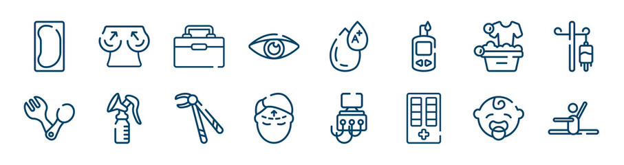 health icons set such as boobs, eyesight, washing clothes, spoon and fork, forcep, baby boy outline vector signs. symbol, logo illustration. linear style icons set. pixel perfect vector graphics.