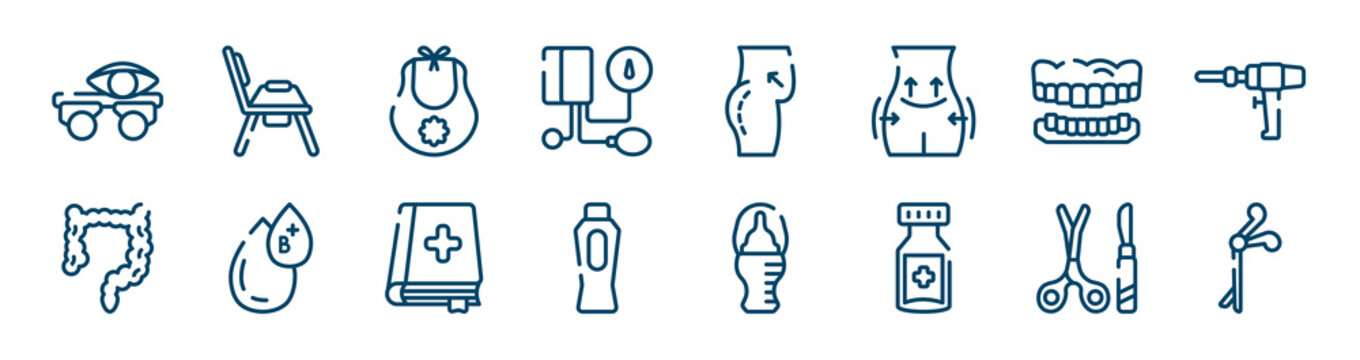 medical instruments icons set such as potty, tonometer, dentures, intestine, medicine book, tool surgeon outline vector signs. symbol, logo illustration. linear style icons set. pixel perfect vector