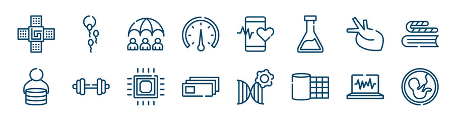 biology technology icons set such as fertility, barometer, organ, fee, microprocessor, electrocardiogram outline vector signs. symbol, logo illustration. linear style icons set. pixel perfect vector