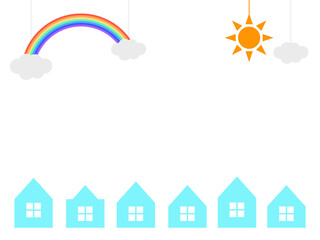 【オーナメント風】空と町のフラット背景【虹】