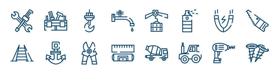 constructicons icons set such as toolbox, stopcock, inclined magnet, double ladder, mower scissor, drill outline vector signs. symbol, logo illustration. linear style icons set. pixel perfect vector
