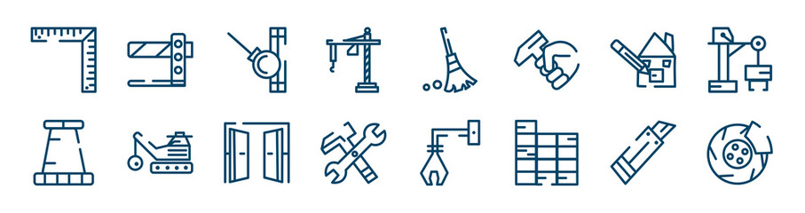 work tools icons set such as road barrier, construction crane machine, pencil and house draw, road stopper, doors open, paper cutter outline vector signs. symbol, logo illustration. linear style
