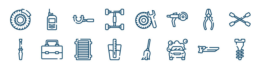 toolbox icons set such as portable radio, chassis, repair pliers, repair screwdriver, air filter, carpenter saw outline vector signs. symbol, logo illustration. linear style icons set. pixel perfect