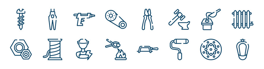 plumber icons set such as overalls, timing belt, crucible, knot, electrician, beadwork outline vector signs. symbol, logo illustration. linear style icons set. pixel perfect vector graphics.