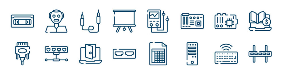 television icons set such as humanoid, projector screen, mainboard, dvi, backdoor, wireless keyboard outline vector signs. symbol, logo illustration. linear style icons set. pixel perfect vector