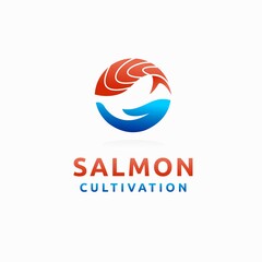 salmon cultivation logo, salmon vector with hand element
