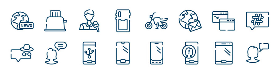 discussion icons set such as toaster, phone card back, new window, anonymous message, electric port connection, phone or tablet outline vector signs. symbol, logo illustration. linear style icons