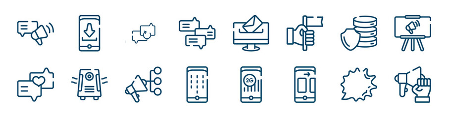 marketing & growth icons set such as install, debate, database security, love message, promote, shout outline vector signs. symbol, logo illustration. linear style icons set. pixel perfect vector