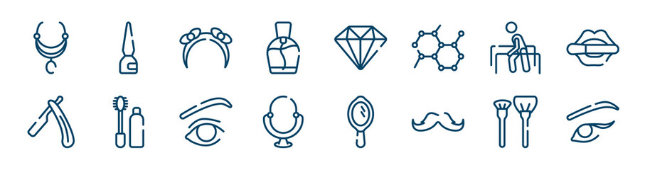 beauty icons set such as eyeliner bottle, small perfume bottle, physiotherapy, open razor, eye with lines, make up brush outline vector signs. symbol, logo illustration. linear style icons set.