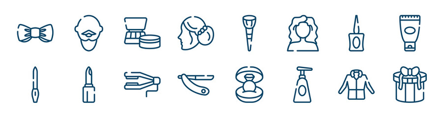 beautiful icons set such as bold man with moustache, women hairstyling, parfum bottle, nail file, straighten, parka outline vector signs. symbol, logo illustration. linear style icons set. pixel