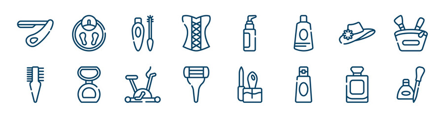 cosmetics icons set such as big scale, women corset, vintage woman hat, two side comb, null, french perfume bottle outline vector signs. symbol, logo illustration. linear style icons set. pixel