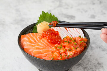 salmon donburi japanese rice bowl food