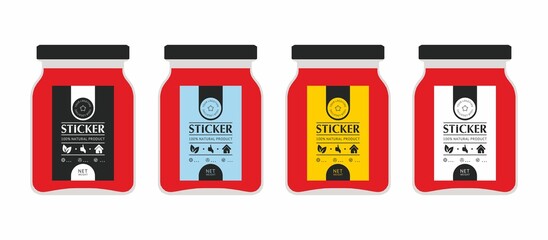 Set of bright vector cans with stylish stickers. Glass jar label template. Product packaging.