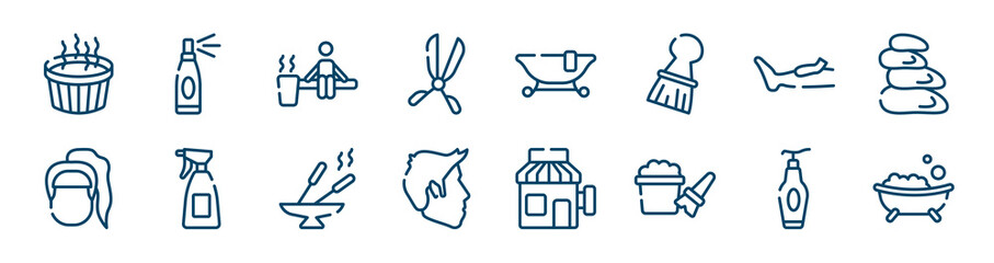spa and yoga icons set such as hairspray, scissors badge, waxing, female head with ponytail, incense, face cleanser outline vector signs. symbol, logo illustration. linear style icons set. pixel