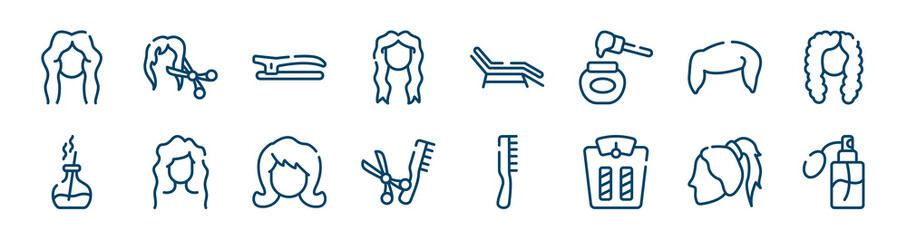 hairdressing and barber icons set such as female hair cut with scissors, long female hair tincture, boy hair shape, scent, woman ponytail outline vector signs. symbol, logo illustration. linear
