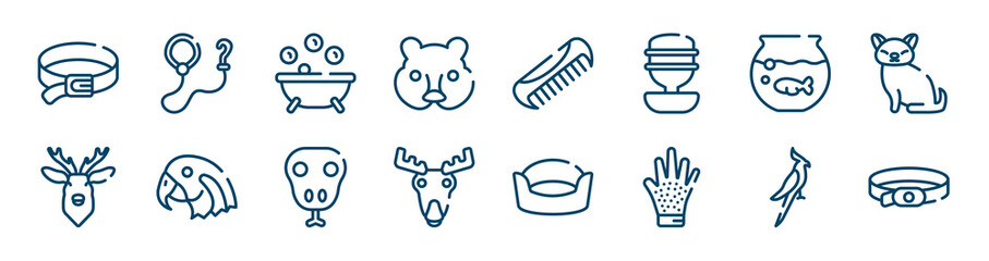dog and training icons set such as leash, hedgehog head, fish bowl, deer head, snake head, nymphicus hollandicus outline vector signs. symbol, logo illustration. linear style icons set. pixel