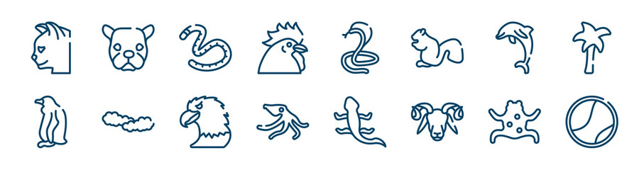 woof woof icons set such as face of staring dog, chiken head, jumping dolphin, sitting penguin, eagle head, tropical frop outline vector signs. symbol, logo illustration. linear style icons set.
