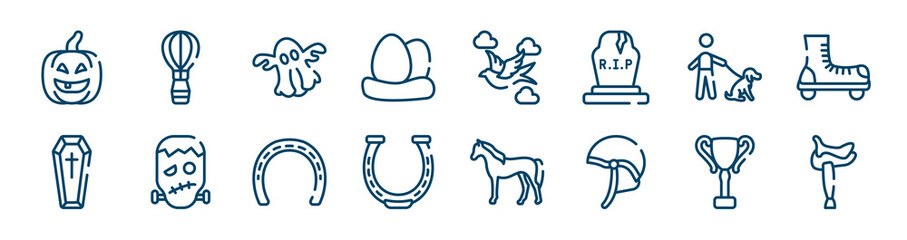 horses icons set such as hot air balloon, egg, dog with owner, coffin, null, trophy cup outline vector signs. symbol, logo illustration. linear style icons set. pixel perfect vector graphics.