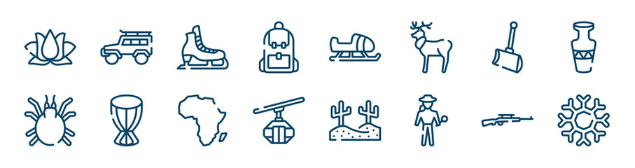 winter nature icons set such as jeep, backpack, shovel, mite, africa, rifle outline vector signs. symbol, logo illustration. linear style icons set. pixel perfect vector graphics.