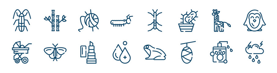 nature icons set such as bamboo, caterpillar, giraffe, stroller, balm, pet shampoo outline vector signs. symbol, logo illustration. linear style icons set. pixel perfect vector graphics.