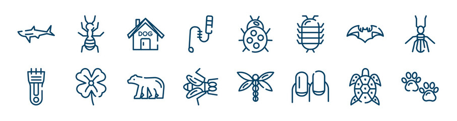 animals icons set such as ant, teasing stick, bat, hair clipper, polar bear, turtle outline vector signs. symbol, logo illustration. linear style icons set. pixel perfect vector graphics.