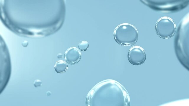 Pure vitality cosmetic refreshing hygiene hydrogen renewable energy studio shot. Transparent carbonated blue gas bubbles underwater in full-frame macro close up with selective focus background Loop