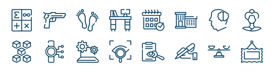 Obraz premium icons set such as gun, desk, mind, blockchain, it, balance outline vector signs. symbol, logo illustration. linear style icons set. pixel perfect vector graphics.